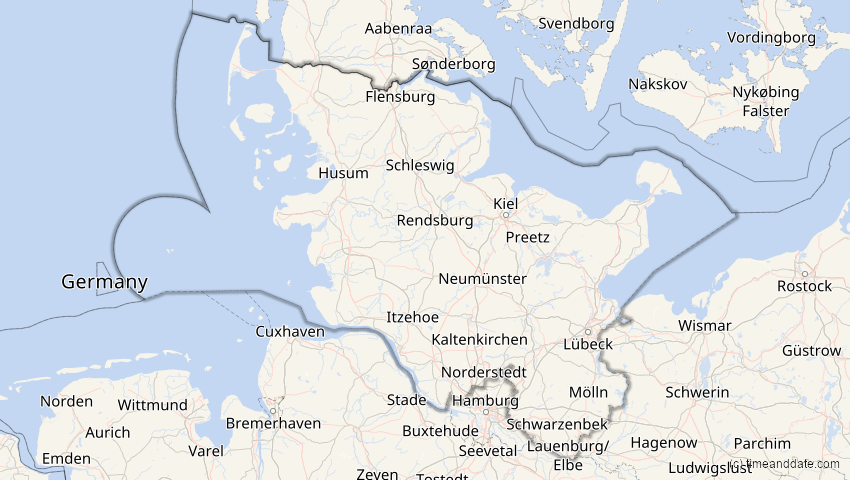 A map of Schleswig-Holstein, Deutschland, showing the path of the 2. Jul 2038 Ringförmige Sonnenfinsternis