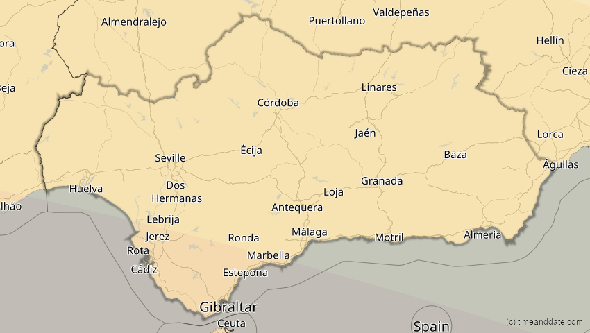 A map of Andalusien, Spanien, showing the path of the 2. Jul 2038 Ringförmige Sonnenfinsternis