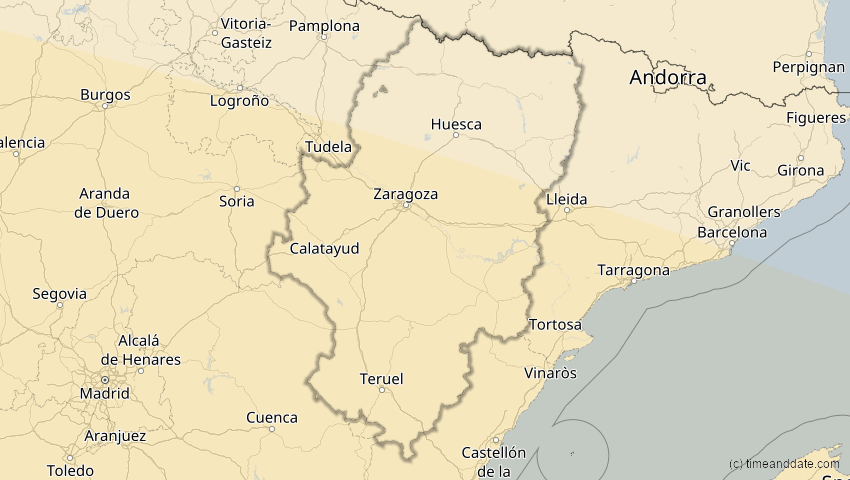 A map of Aragonien, Spanien, showing the path of the 2. Jul 2038 Ringförmige Sonnenfinsternis