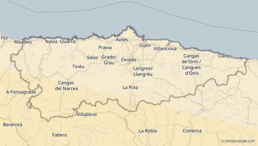 A map of Asturien, Spanien, showing the path of the 2. Jul 2038 Ringförmige Sonnenfinsternis