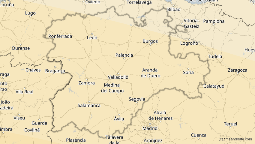 A map of Kastilien und León, Spanien, showing the path of the 2. Jul 2038 Ringförmige Sonnenfinsternis