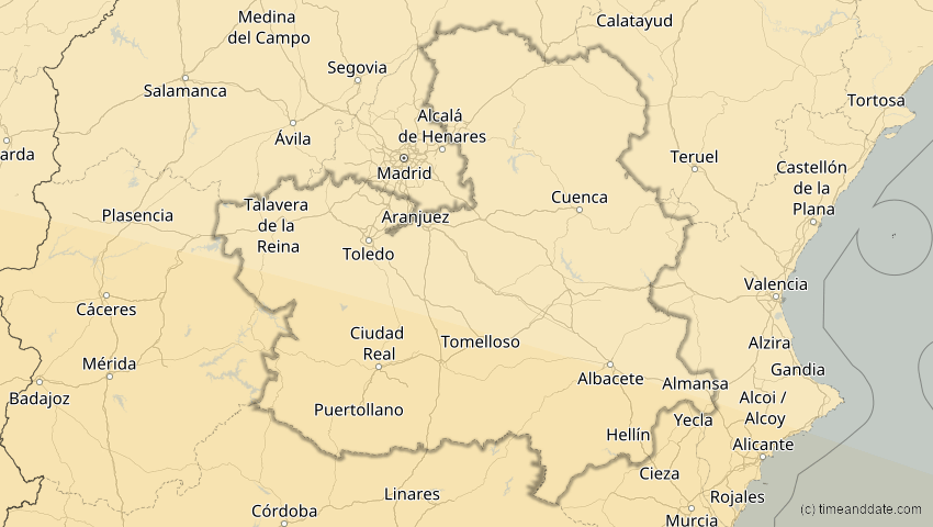 A map of Kastilien-La Mancha, Spanien, showing the path of the 2. Jul 2038 Ringförmige Sonnenfinsternis