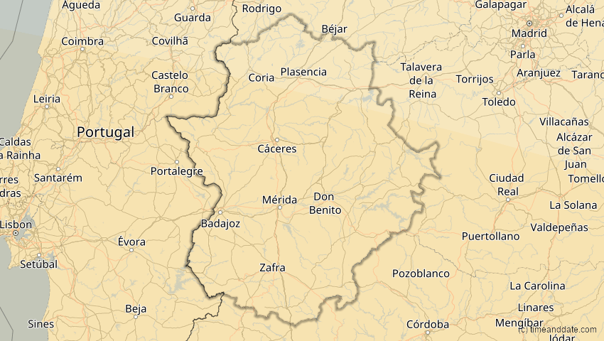 A map of Extremadura, Spanien, showing the path of the 2. Jul 2038 Ringförmige Sonnenfinsternis