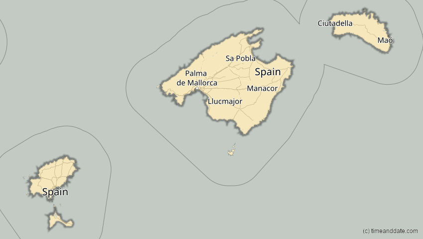 A map of Balearische Inseln, Spanien, showing the path of the 2. Jul 2038 Ringförmige Sonnenfinsternis