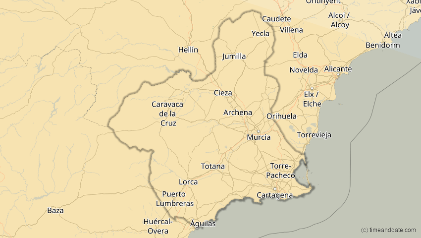 A map of Murcia, Spanien, showing the path of the 2. Jul 2038 Ringförmige Sonnenfinsternis