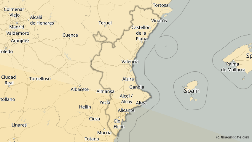 A map of Valencia, Spanien, showing the path of the 2. Jul 2038 Ringförmige Sonnenfinsternis