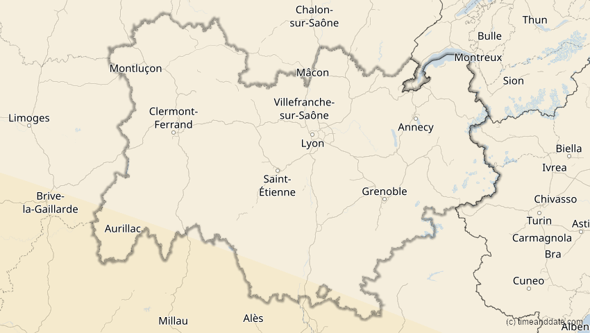 A map of Auvergne-Rhône-Alpes, Frankreich, showing the path of the 2. Jul 2038 Ringförmige Sonnenfinsternis