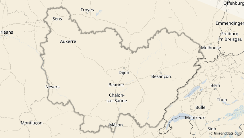 A map of Bourgogne-Franche-Comté, Frankreich, showing the path of the 2. Jul 2038 Ringförmige Sonnenfinsternis