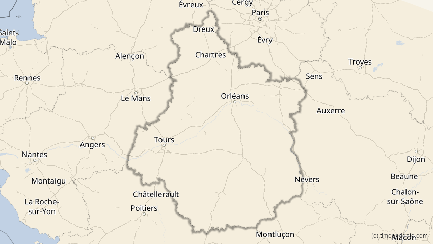 A map of Centre-Val de Loire, Frankreich, showing the path of the 2. Jul 2038 Ringförmige Sonnenfinsternis