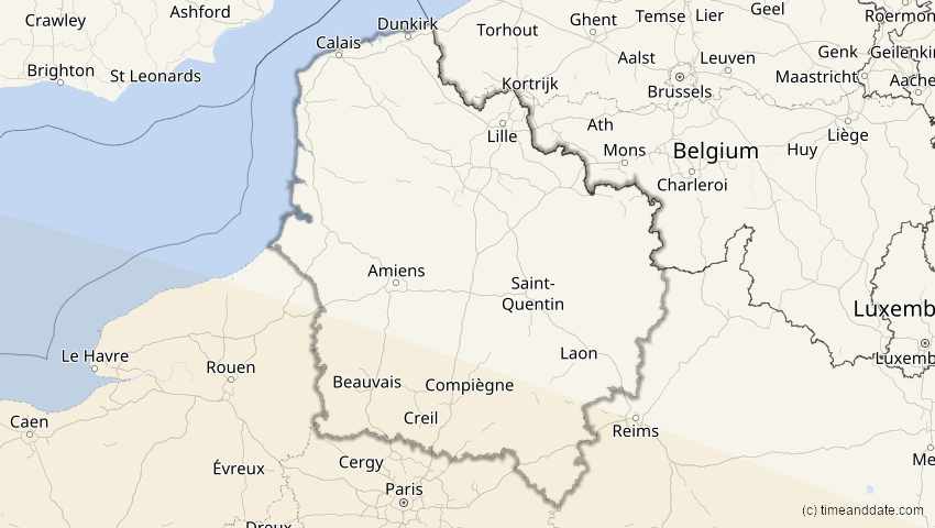 A map of Hauts-de-France, Frankreich, showing the path of the 2. Jul 2038 Ringförmige Sonnenfinsternis