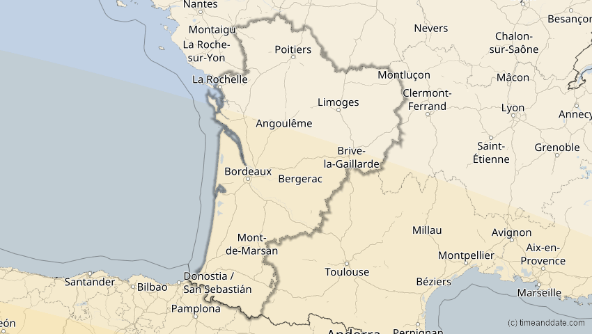 A map of Nouvelle-Aquitaine, Frankreich, showing the path of the 2. Jul 2038 Ringförmige Sonnenfinsternis