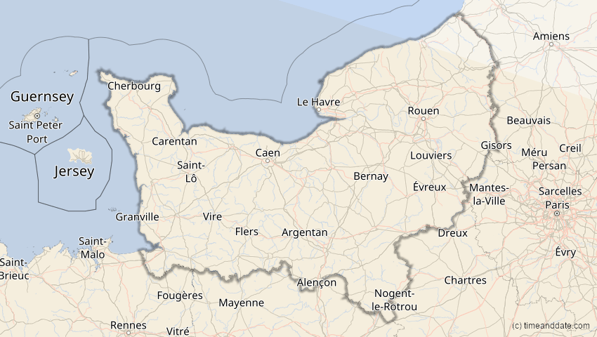 A map of Normandie, Frankreich, showing the path of the 2. Jul 2038 Ringförmige Sonnenfinsternis