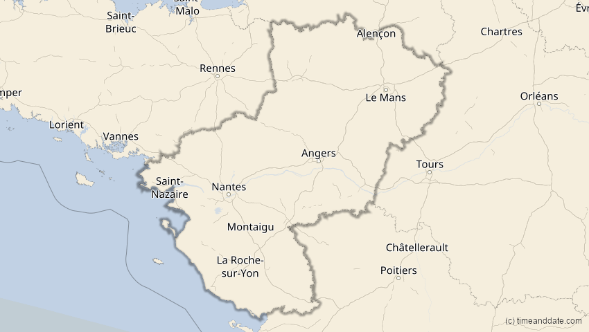 A map of Pays de la Loire, Frankreich, showing the path of the 2. Jul 2038 Ringförmige Sonnenfinsternis