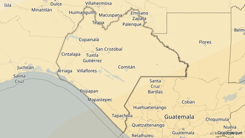 A map of Chiapas, Mexiko, showing the path of the 2. Jul 2038 Ringförmige Sonnenfinsternis
