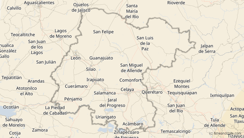 A map of Guanajuato, Mexiko, showing the path of the 2. Jul 2038 Ringförmige Sonnenfinsternis