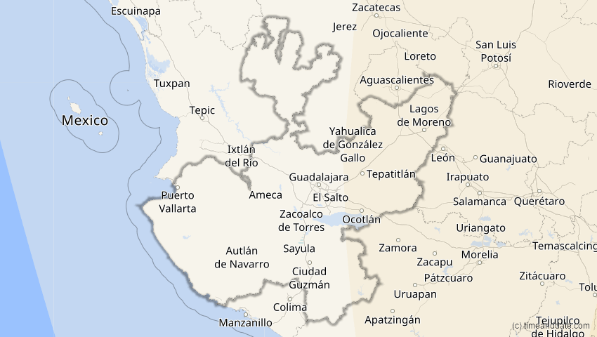 A map of Jalisco, Mexiko, showing the path of the 2. Jul 2038 Ringförmige Sonnenfinsternis