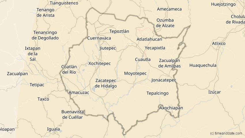 A map of Morelos, Mexiko, showing the path of the 2. Jul 2038 Ringförmige Sonnenfinsternis