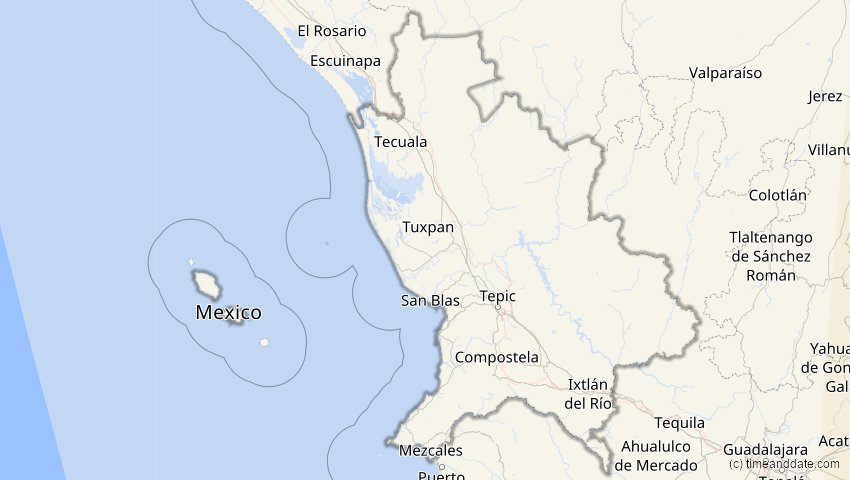 A map of Nayarit, Mexiko, showing the path of the 2. Jul 2038 Ringförmige Sonnenfinsternis