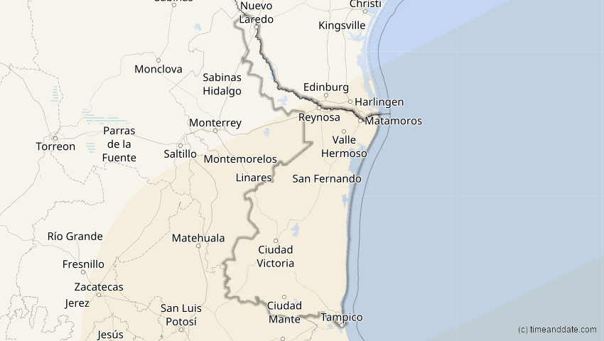 A map of Tamaulipas, Mexiko, showing the path of the 2. Jul 2038 Ringförmige Sonnenfinsternis