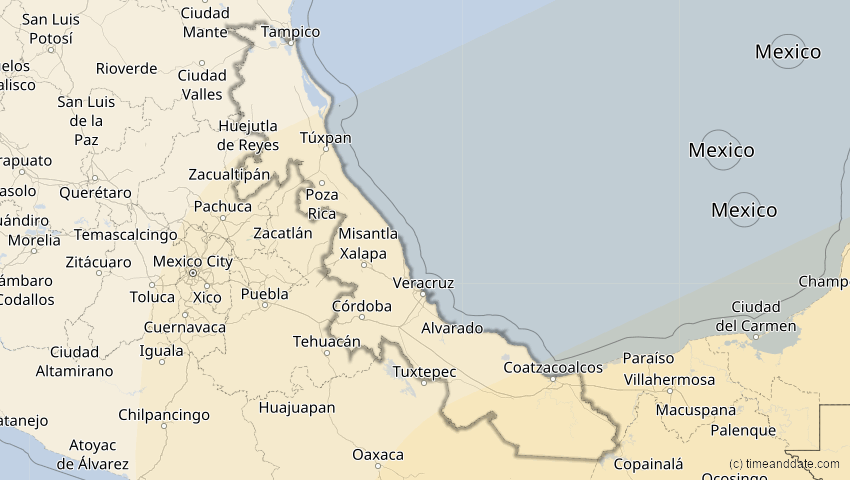 A map of Veracruz, Mexiko, showing the path of the 2. Jul 2038 Ringförmige Sonnenfinsternis