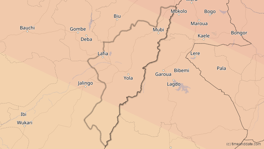 A map of Adamawa, Nigeria, showing the path of the 2. Jul 2038 Ringförmige Sonnenfinsternis
