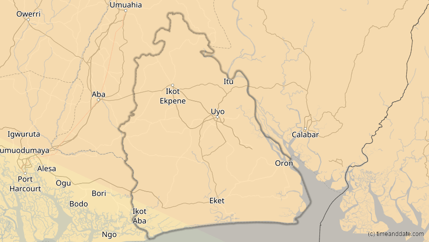 A map of Akwa Ibom, Nigeria, showing the path of the 2. Jul 2038 Ringförmige Sonnenfinsternis