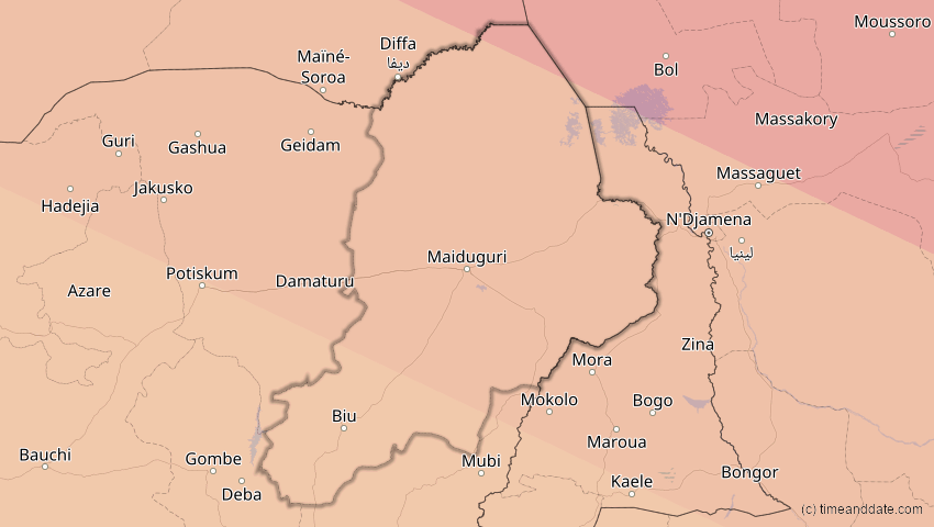 A map of Borno, Nigeria, showing the path of the 2. Jul 2038 Ringförmige Sonnenfinsternis
