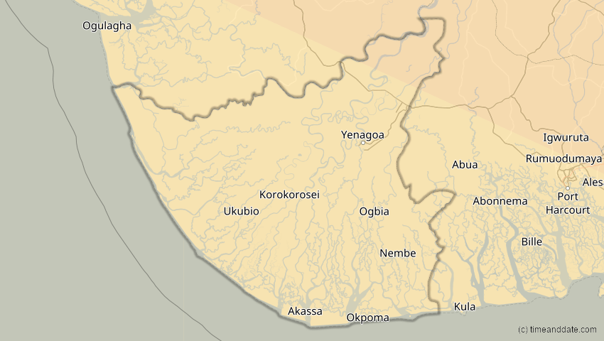 A map of Bayelsa, Nigeria, showing the path of the 2. Jul 2038 Ringförmige Sonnenfinsternis