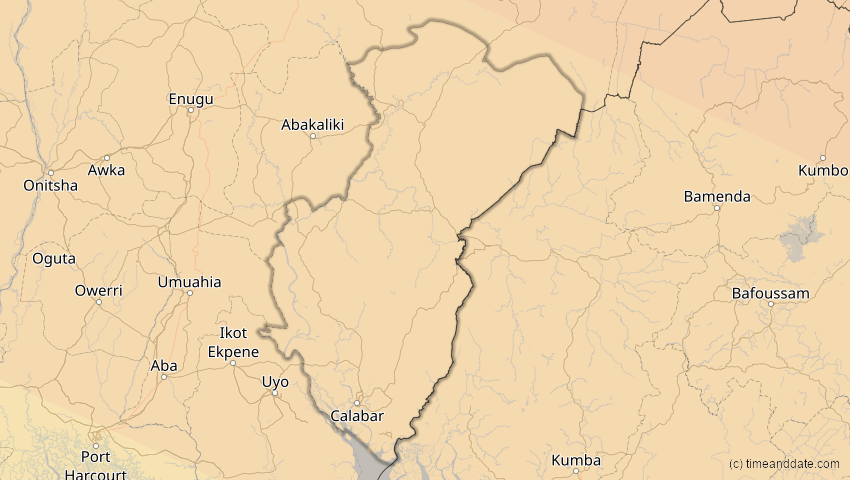 A map of Cross River, Nigeria, showing the path of the 2. Jul 2038 Ringförmige Sonnenfinsternis