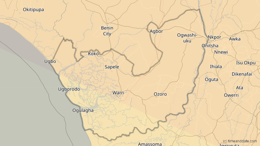 A map of Delta, Nigeria, showing the path of the 2. Jul 2038 Ringförmige Sonnenfinsternis