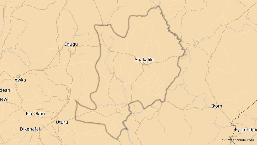 A map of Ebonyi, Nigeria, showing the path of the 2. Jul 2038 Ringförmige Sonnenfinsternis