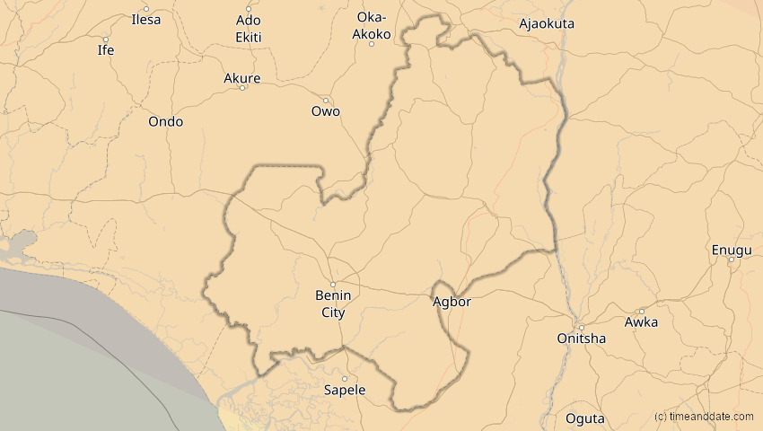 A map of Edo, Nigeria, showing the path of the 2. Jul 2038 Ringförmige Sonnenfinsternis