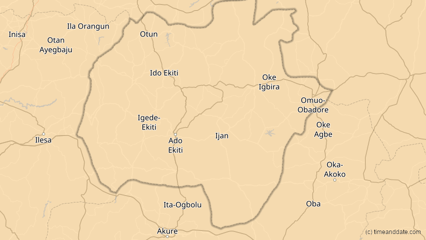 A map of Ekiti, Nigeria, showing the path of the 2. Jul 2038 Ringförmige Sonnenfinsternis
