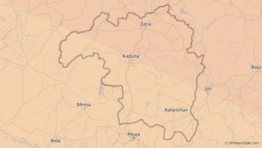 A map of Kaduna, Nigeria, showing the path of the 2. Jul 2038 Ringförmige Sonnenfinsternis