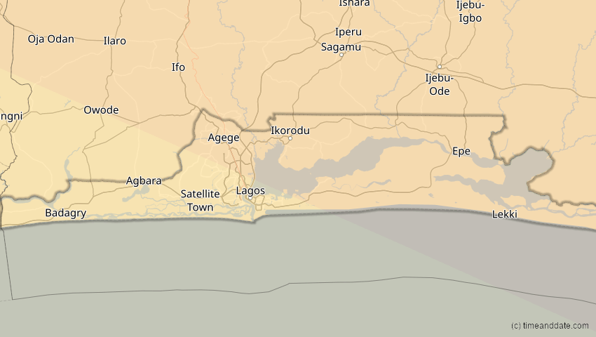 A map of Lagos, Nigeria, showing the path of the 2. Jul 2038 Ringförmige Sonnenfinsternis