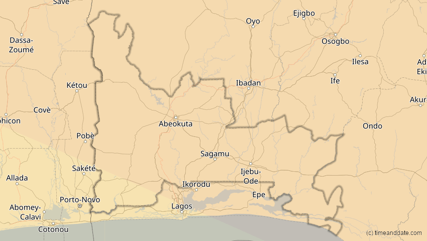 A map of Ogun, Nigeria, showing the path of the 2. Jul 2038 Ringförmige Sonnenfinsternis