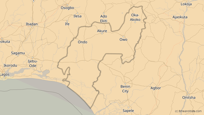 A map of Ondo, Nigeria, showing the path of the 2. Jul 2038 Ringförmige Sonnenfinsternis
