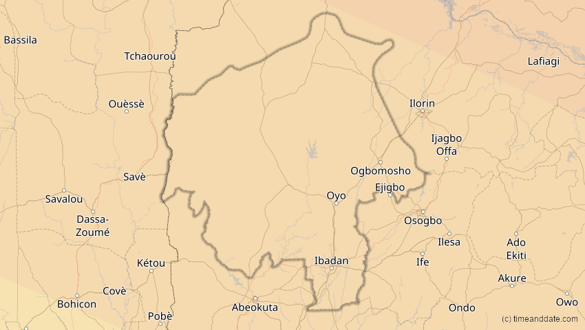 A map of Oyo, Nigeria, showing the path of the 2. Jul 2038 Ringförmige Sonnenfinsternis