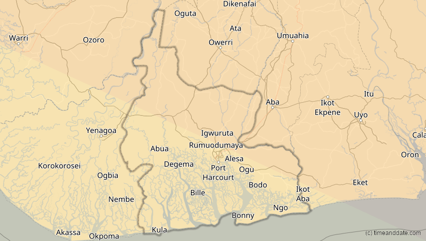 A map of Rivers, Nigeria, showing the path of the 2. Jul 2038 Ringförmige Sonnenfinsternis