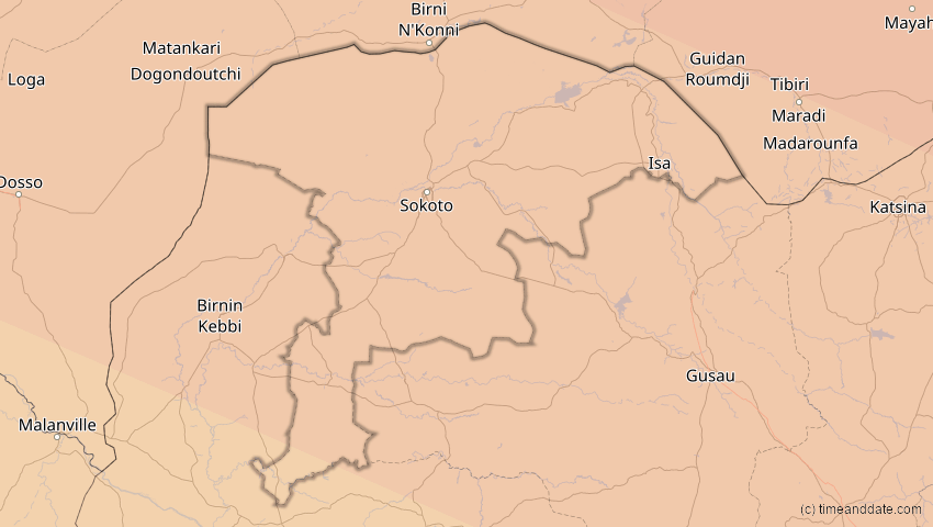 A map of Sokoto, Nigeria, showing the path of the 2. Jul 2038 Ringförmige Sonnenfinsternis