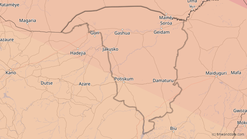 A map of Yobe, Nigeria, showing the path of the 2. Jul 2038 Ringförmige Sonnenfinsternis
