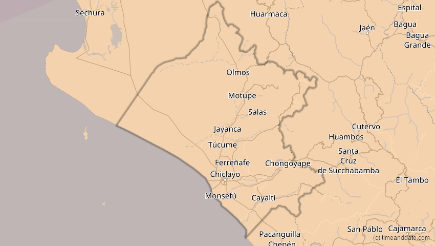 A map of Lambayeque, Peru, showing the path of the 2. Jul 2038 Ringförmige Sonnenfinsternis