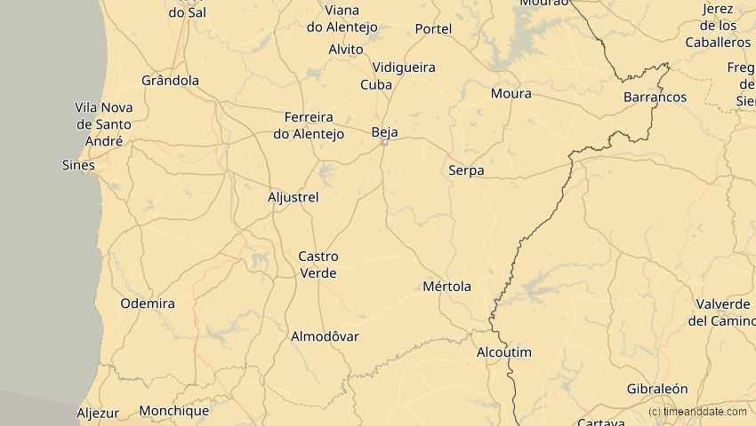 A map of Beja, Portugal, showing the path of the 2. Jul 2038 Ringförmige Sonnenfinsternis