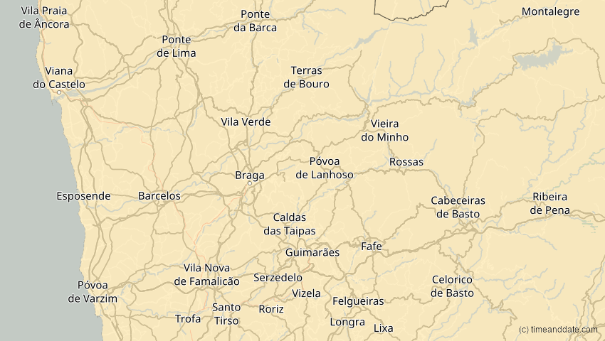 A map of Braga, Portugal, showing the path of the 2. Jul 2038 Ringförmige Sonnenfinsternis