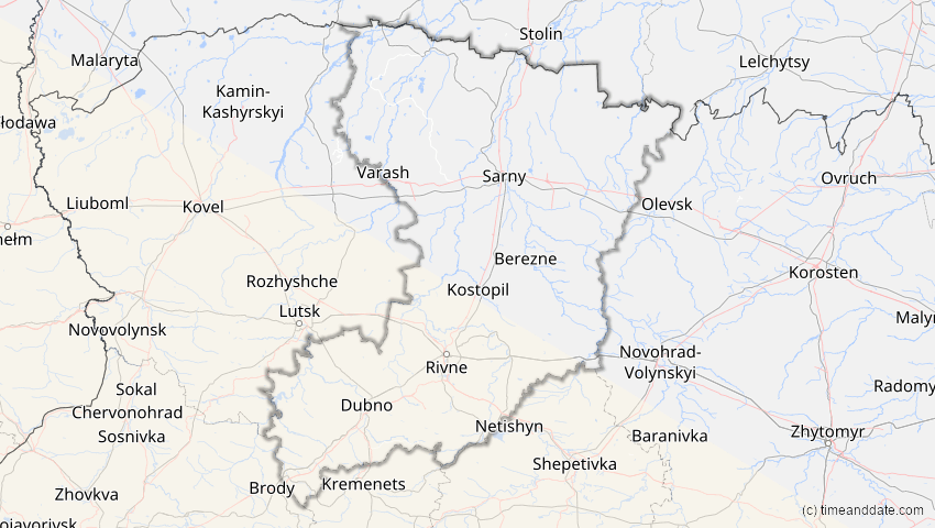 A map of Riwne, Ukraine, showing the path of the 2. Jul 2038 Ringförmige Sonnenfinsternis