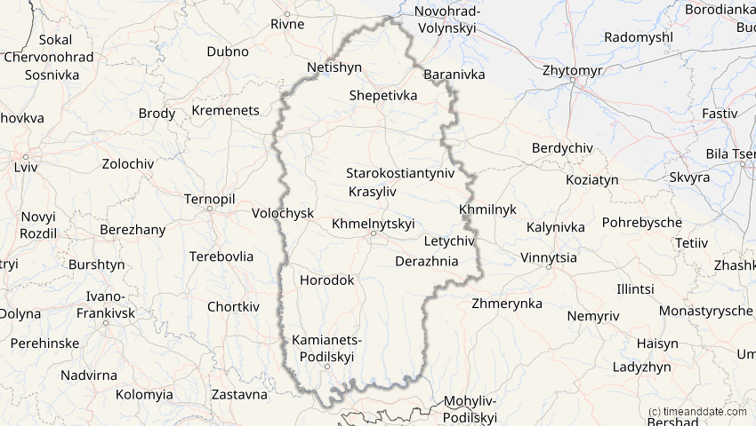 A map of Chmelnyzkyj, Ukraine, showing the path of the 2. Jul 2038 Ringförmige Sonnenfinsternis