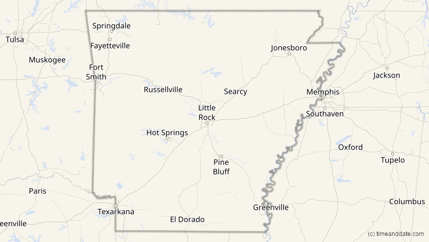 A map of Arkansas, USA, showing the path of the 2. Jul 2038 Ringförmige Sonnenfinsternis