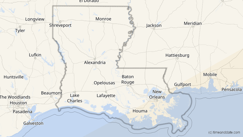 A map of Louisiana, USA, showing the path of the 2. Jul 2038 Ringförmige Sonnenfinsternis