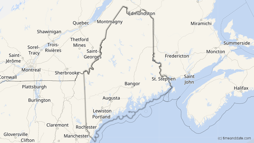 A map of Maine, USA, showing the path of the 2. Jul 2038 Ringförmige Sonnenfinsternis