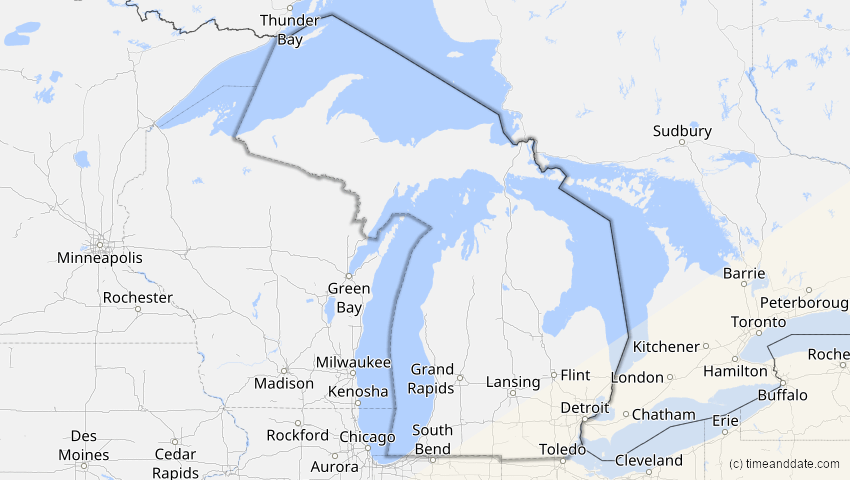 A map of Michigan, USA, showing the path of the 2. Jul 2038 Ringförmige Sonnenfinsternis
